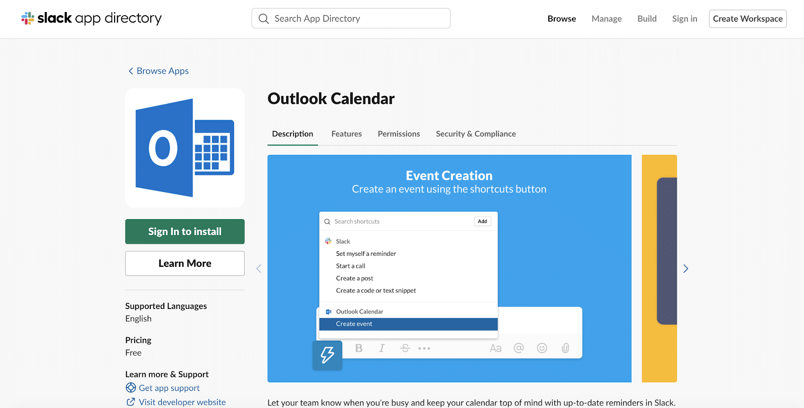 Outlook Calendar för Slack