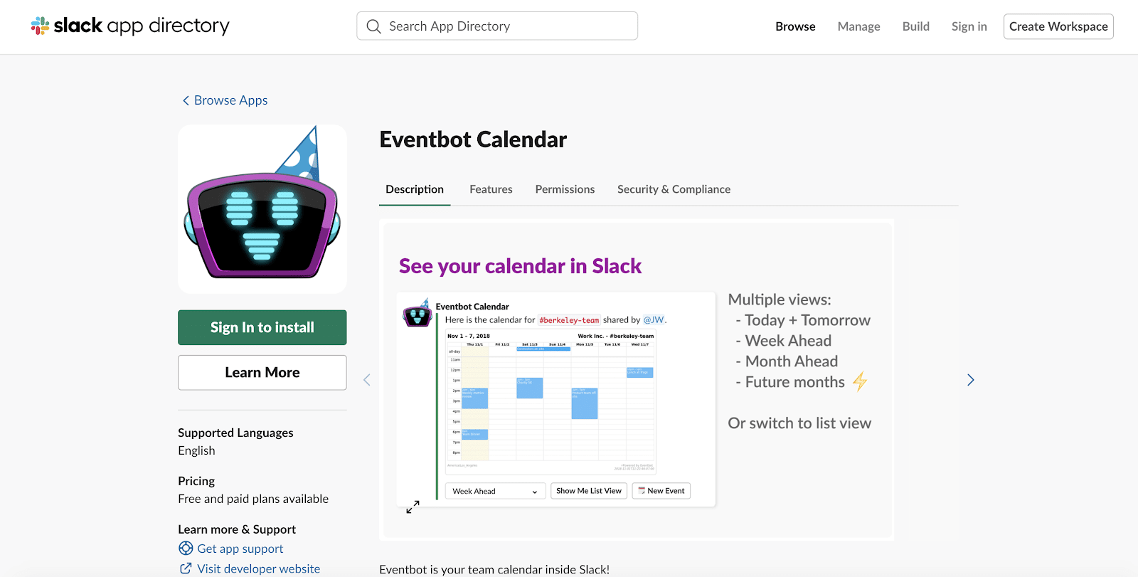 App Eventbot Calendar per Slack