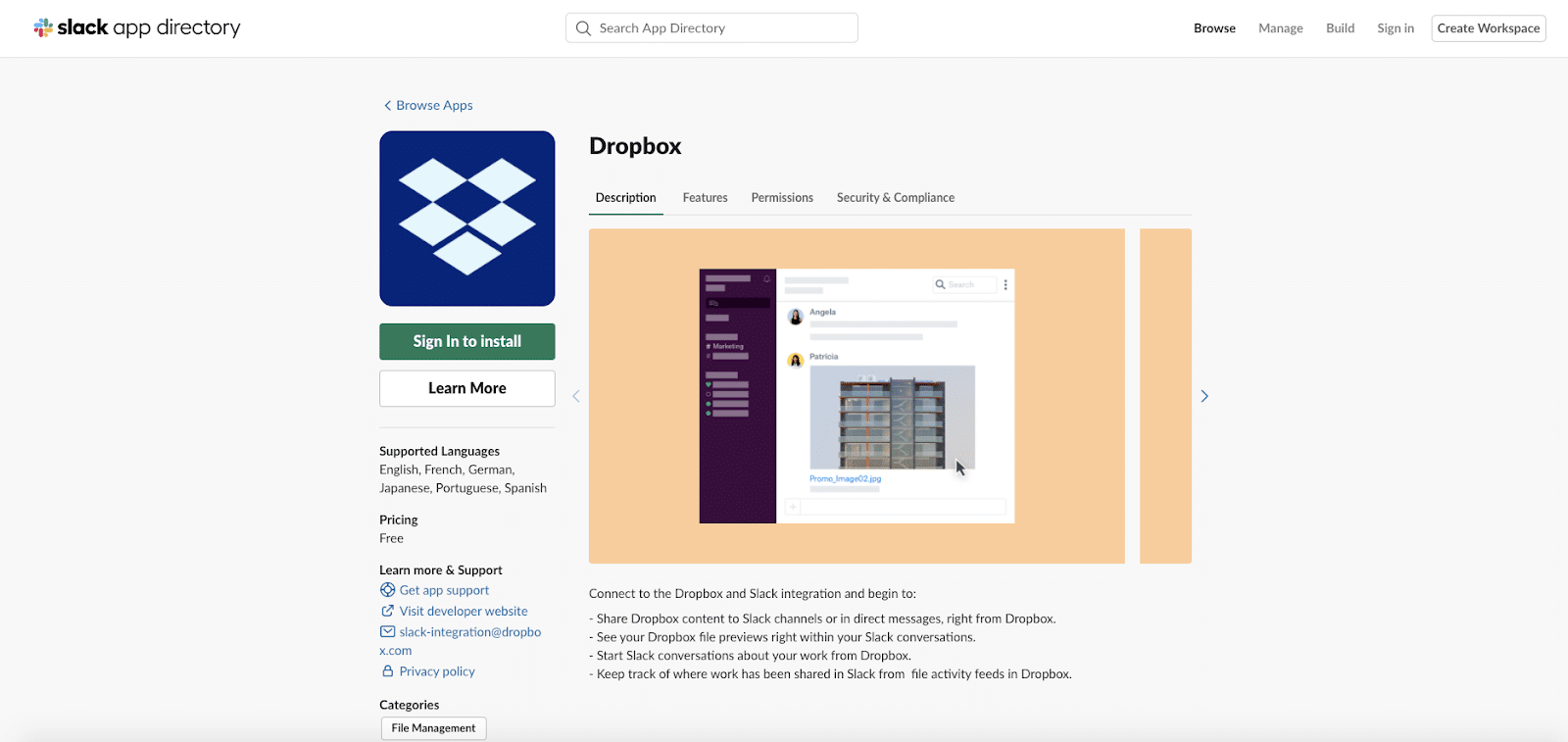 La aplicación Dropbox para Slack