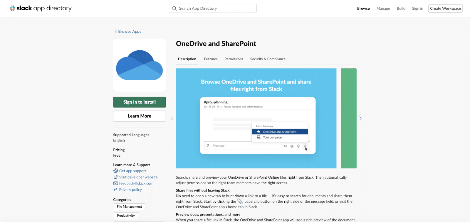 La aplicación OneDrive and Sharepoint para Slack