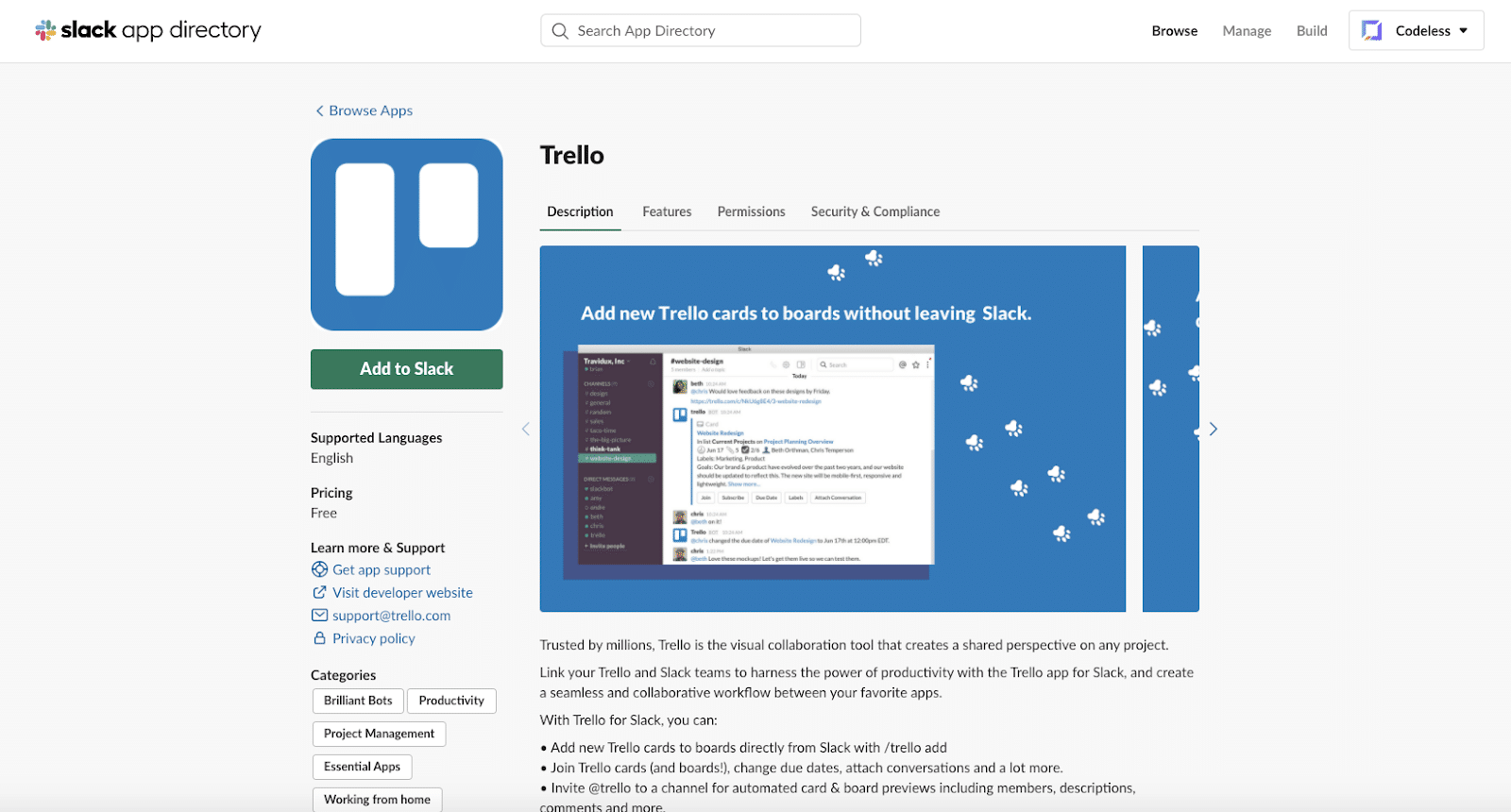 Application Trello pour Slack