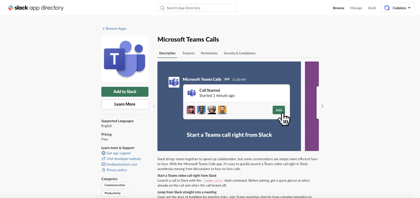 Aplicación Microsoft Teams Calls para Slack