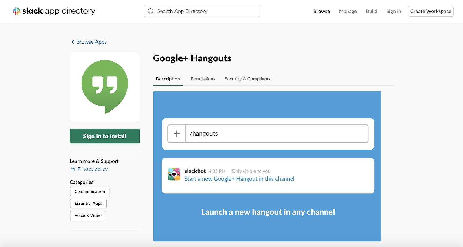 Google+ Hangouts app para Slack