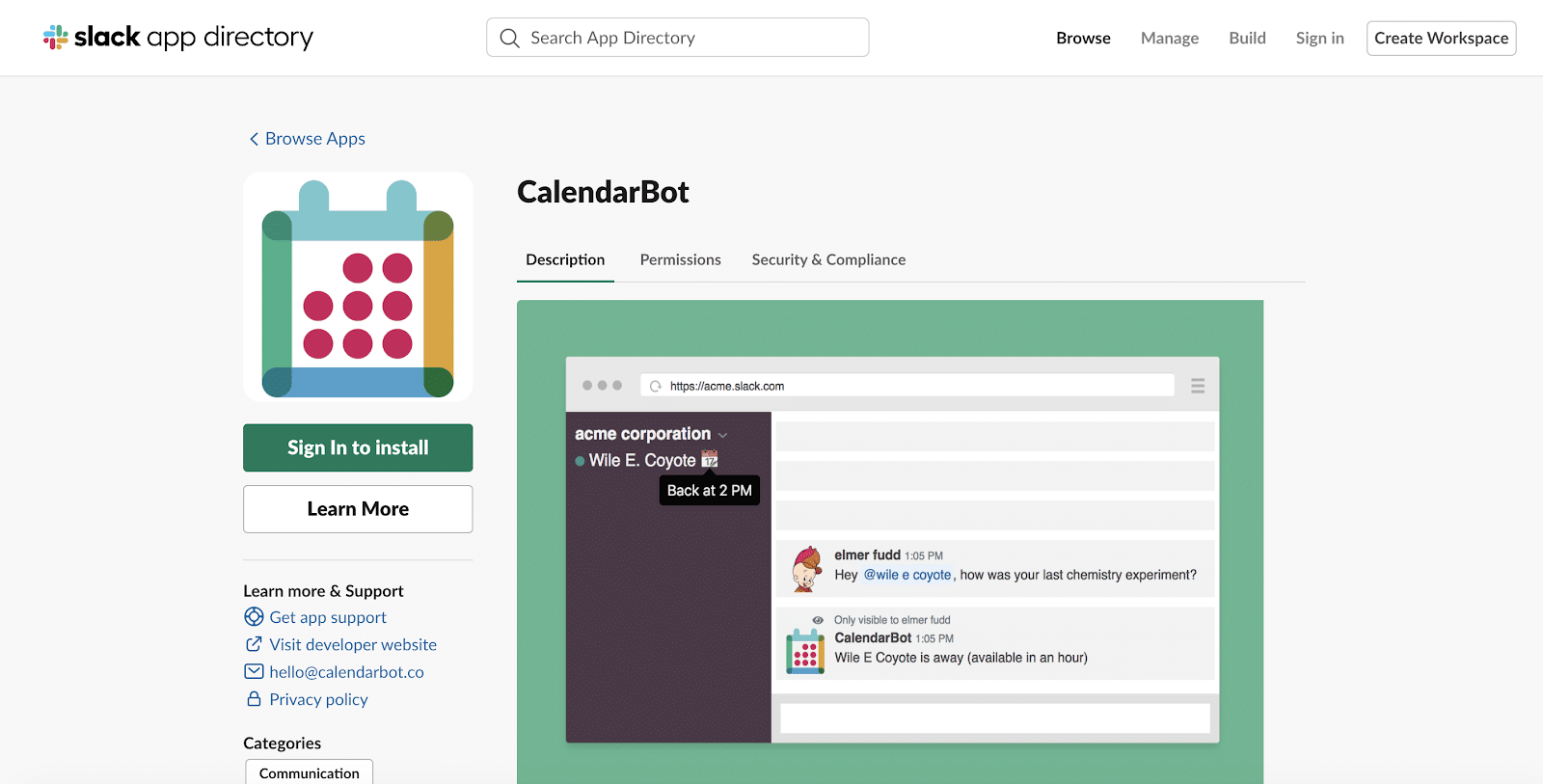 CalendarBot app för Slack