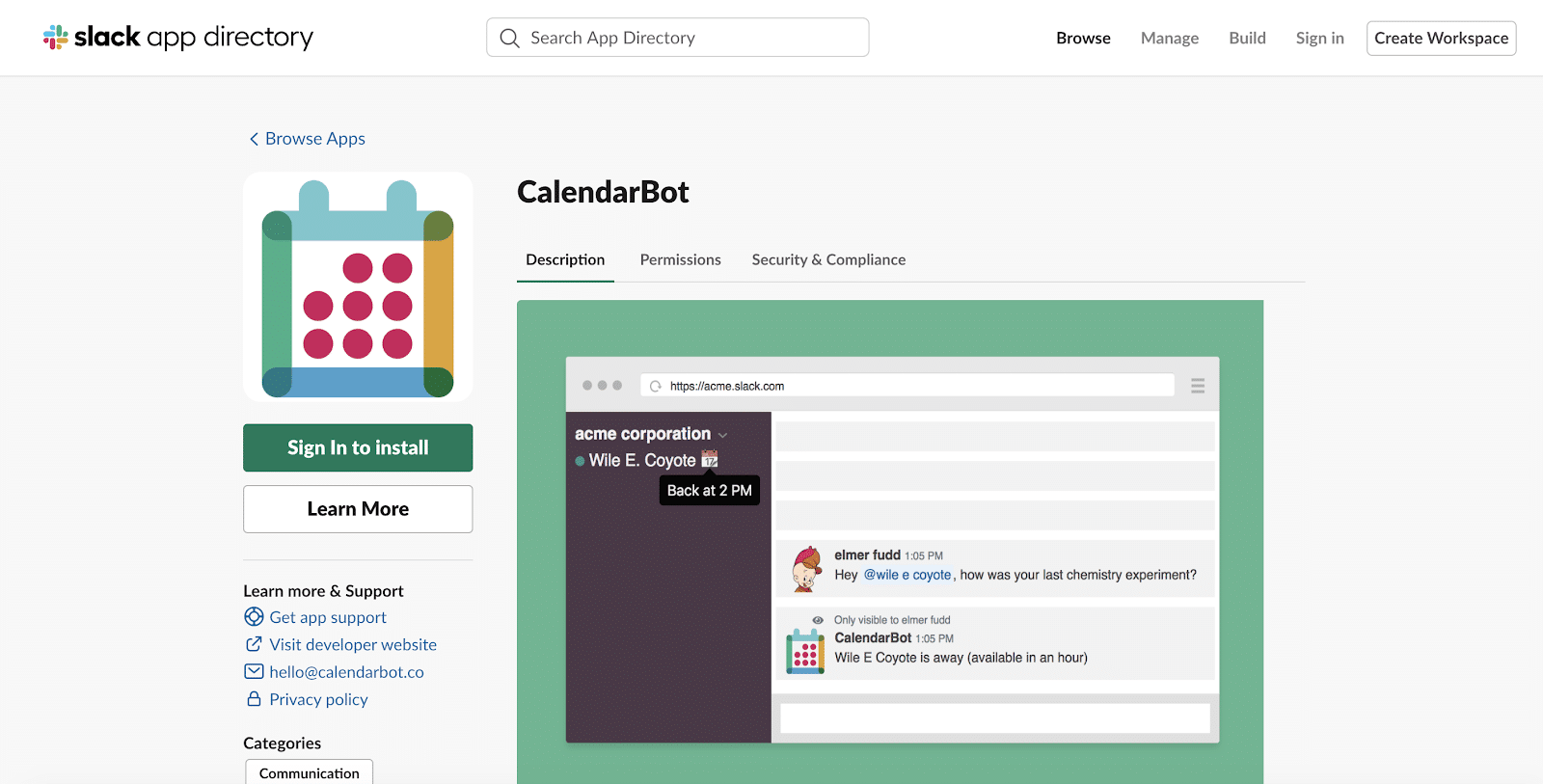 Application CalendarBot pour Slack