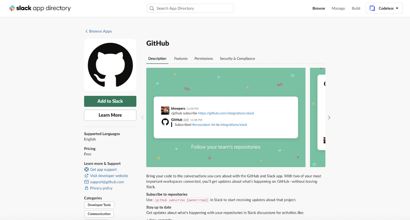 L'application GitHub pour Slack