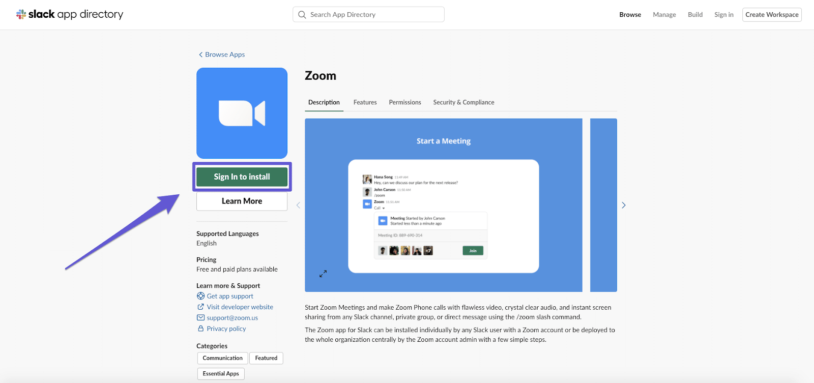 Installazione di Zoom su Slack