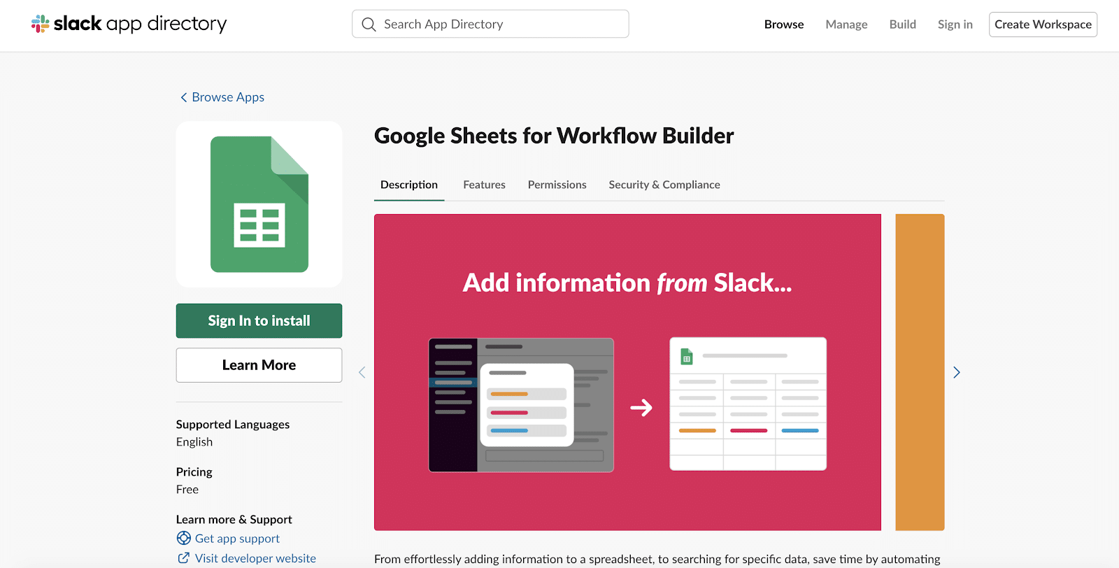 Aplicación Google Sheets for Workflow Builder para Slack