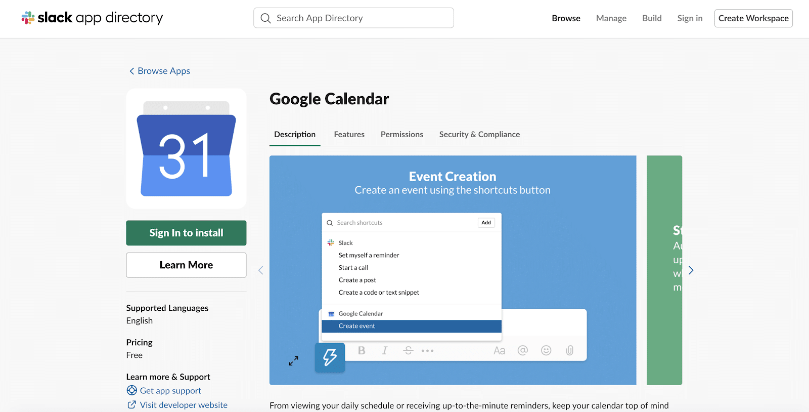 Google Calendar app voor Slack