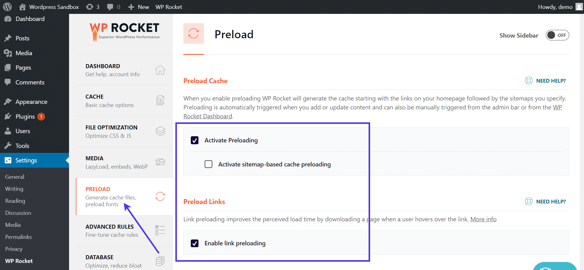 Preload settings in WP Rocket