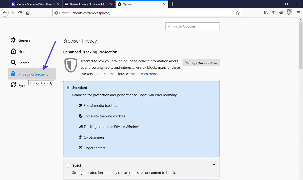 Firefox's 'Privacy & Security' screen 