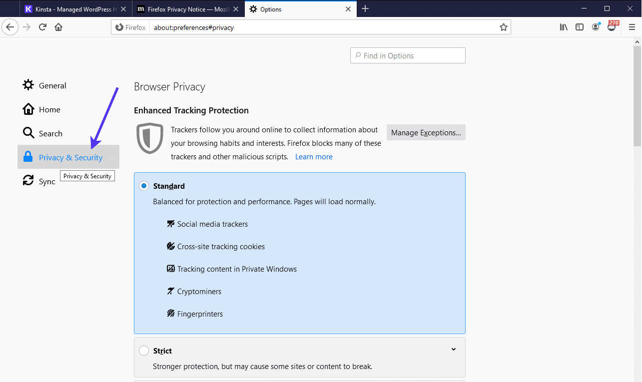 Pantalla de "Privacidad y Seguridad" de Firefox