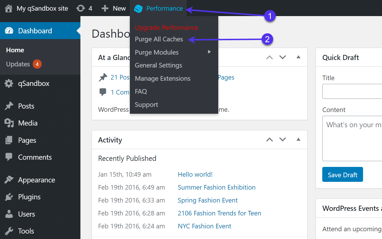 Il link 'Performance' di W3 Total Cache nel menu di intestazione superiore