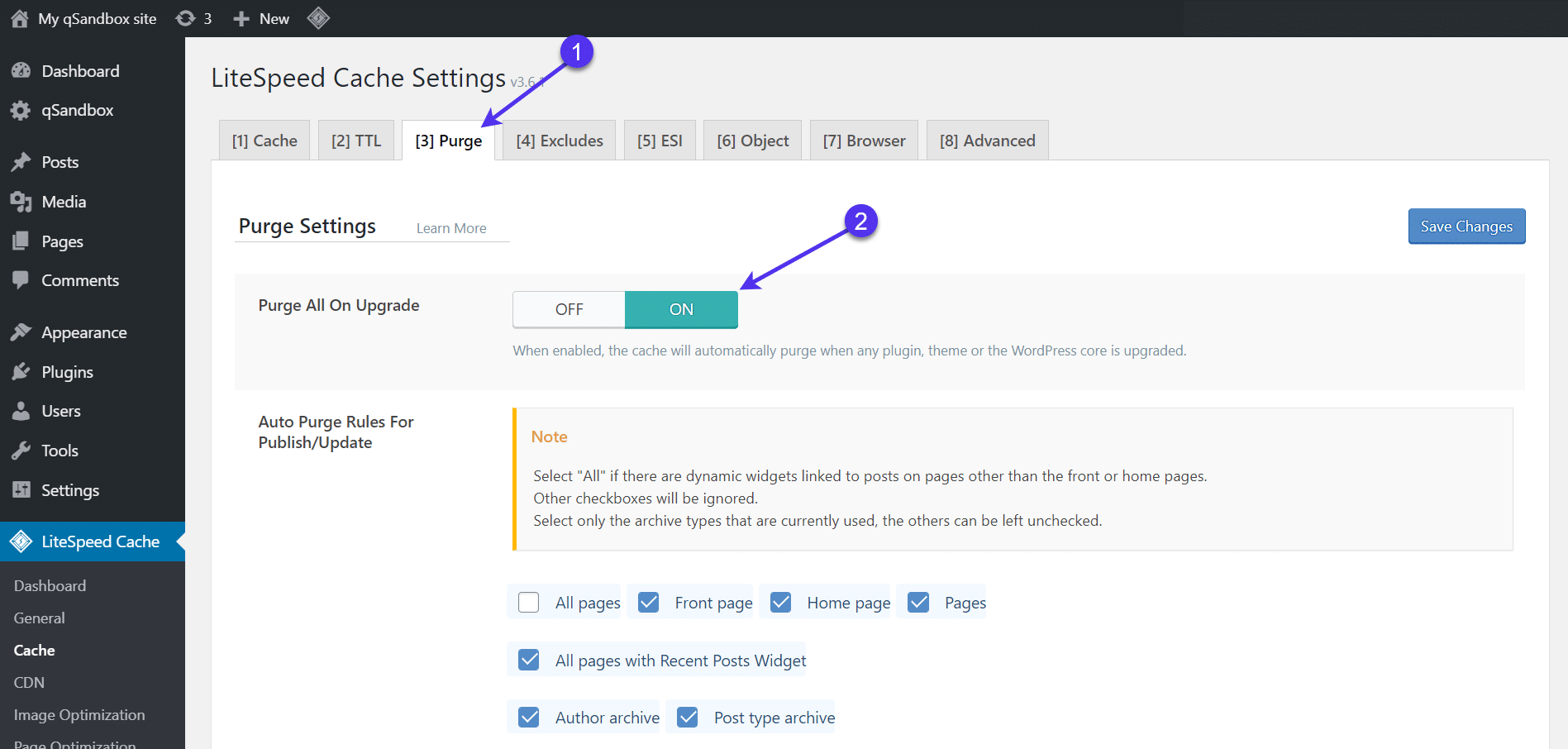 Option 'Alles bei Upgrade löschen' in LiteSpeed Cache