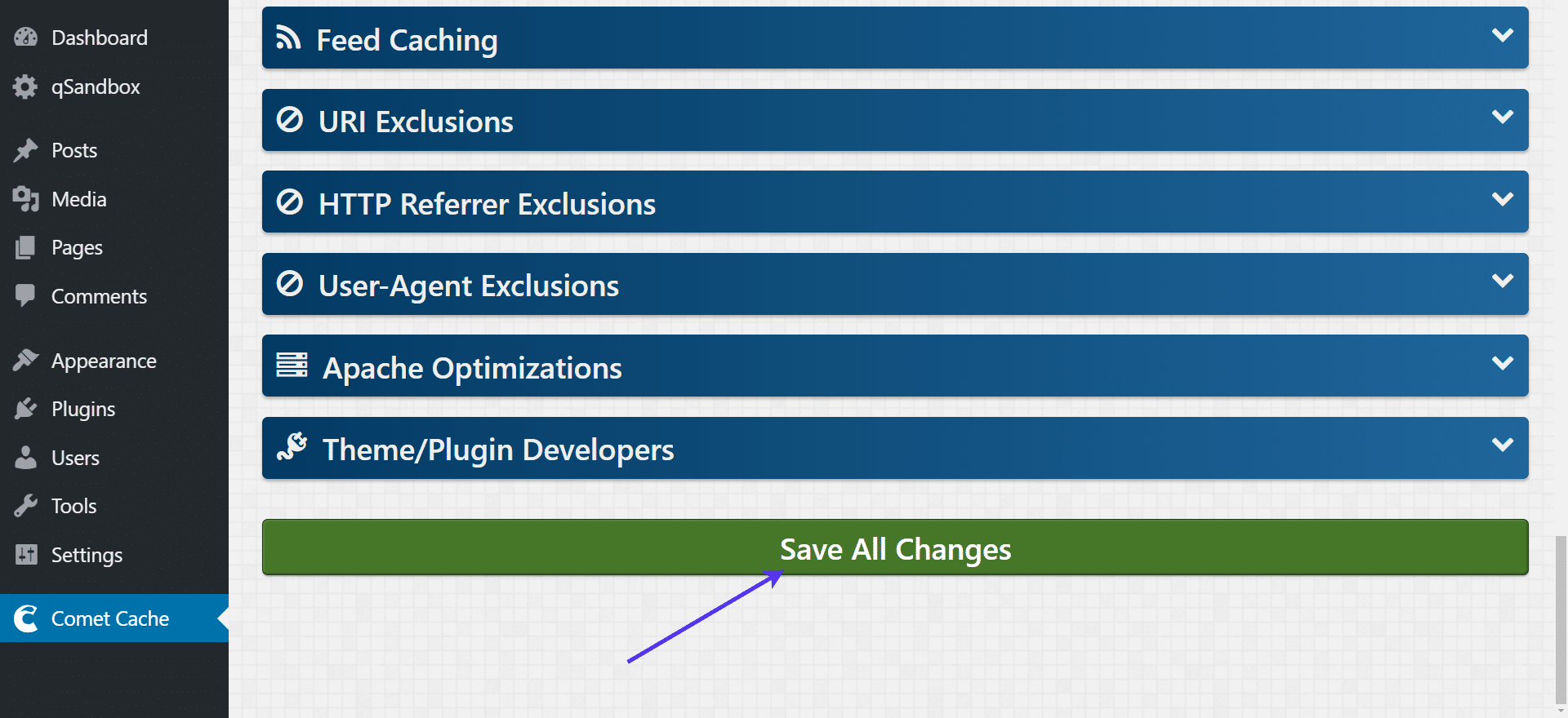 'Save All Changes' button in Comet Cache