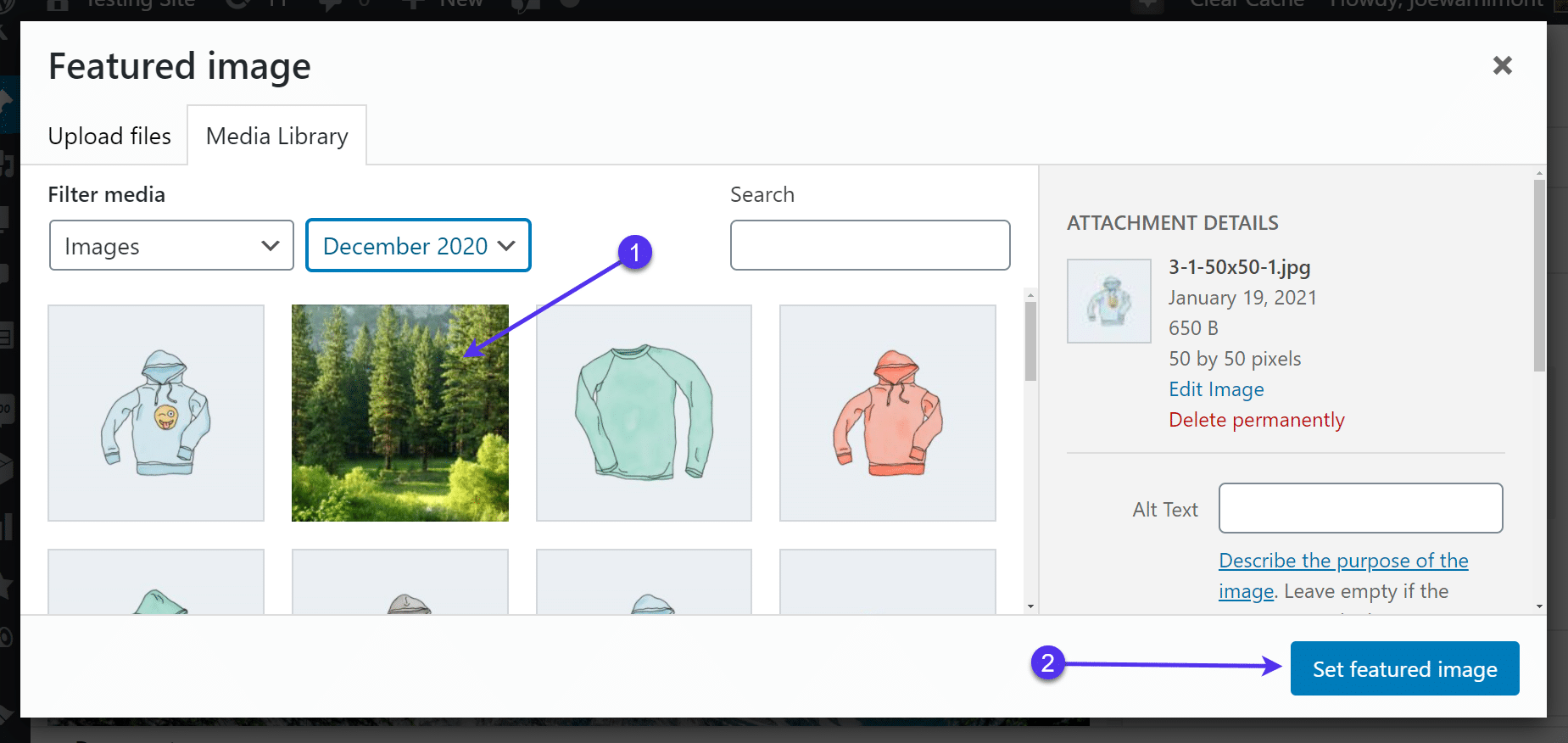 Choose an image to 'Set featured image'