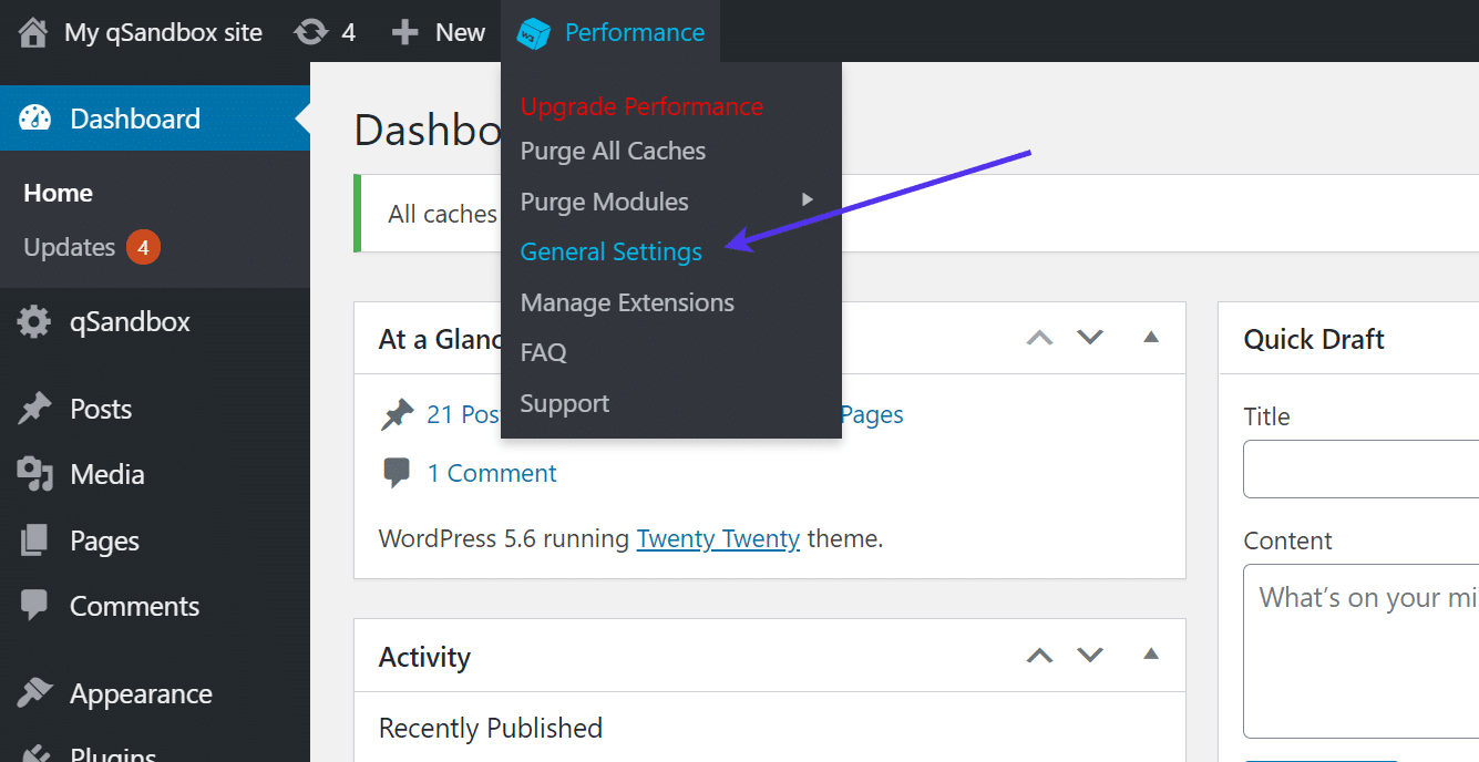 General Settings link for W3 Total Cache