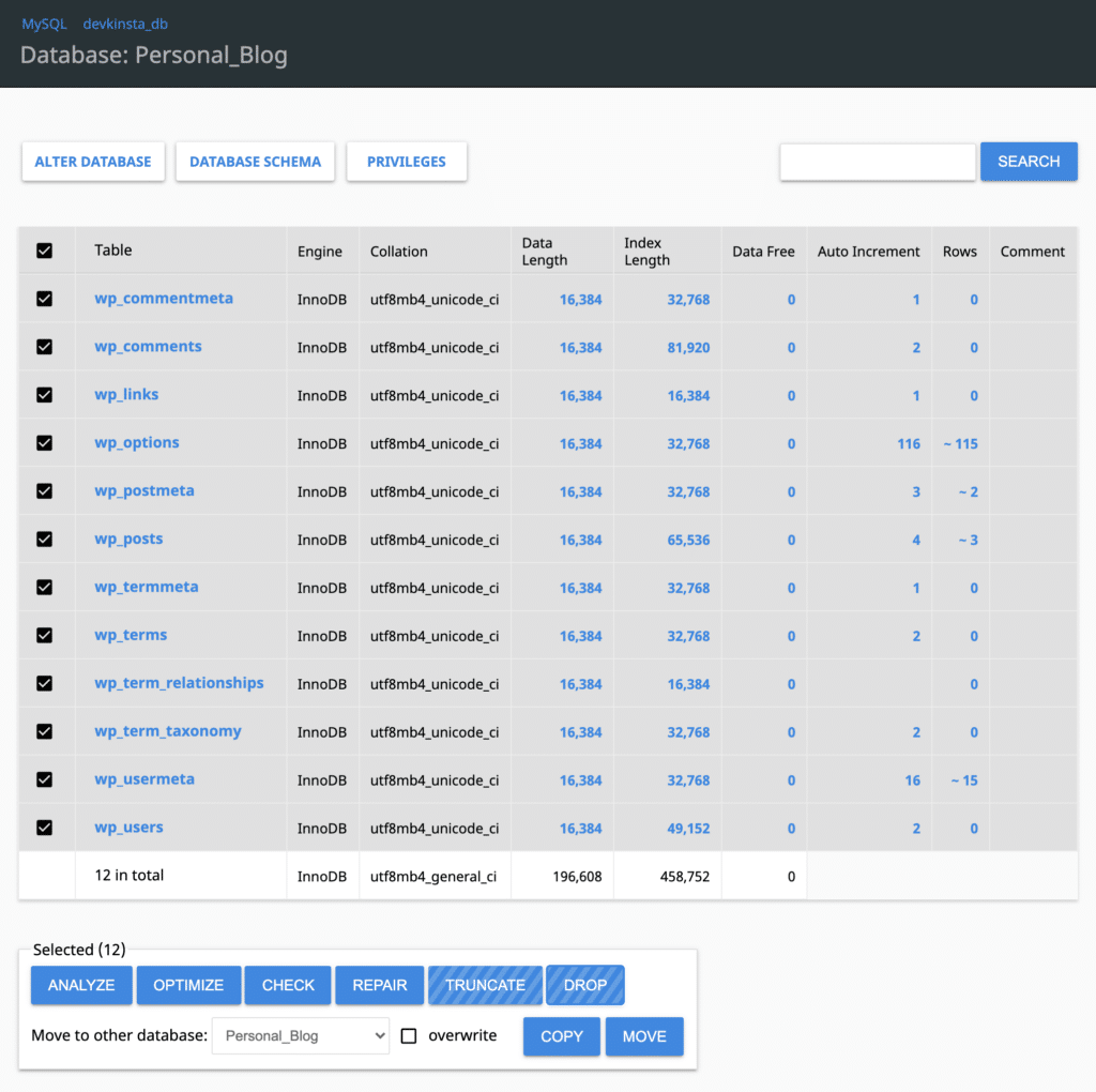 Selezionare tutte le tabelle in Adminer.