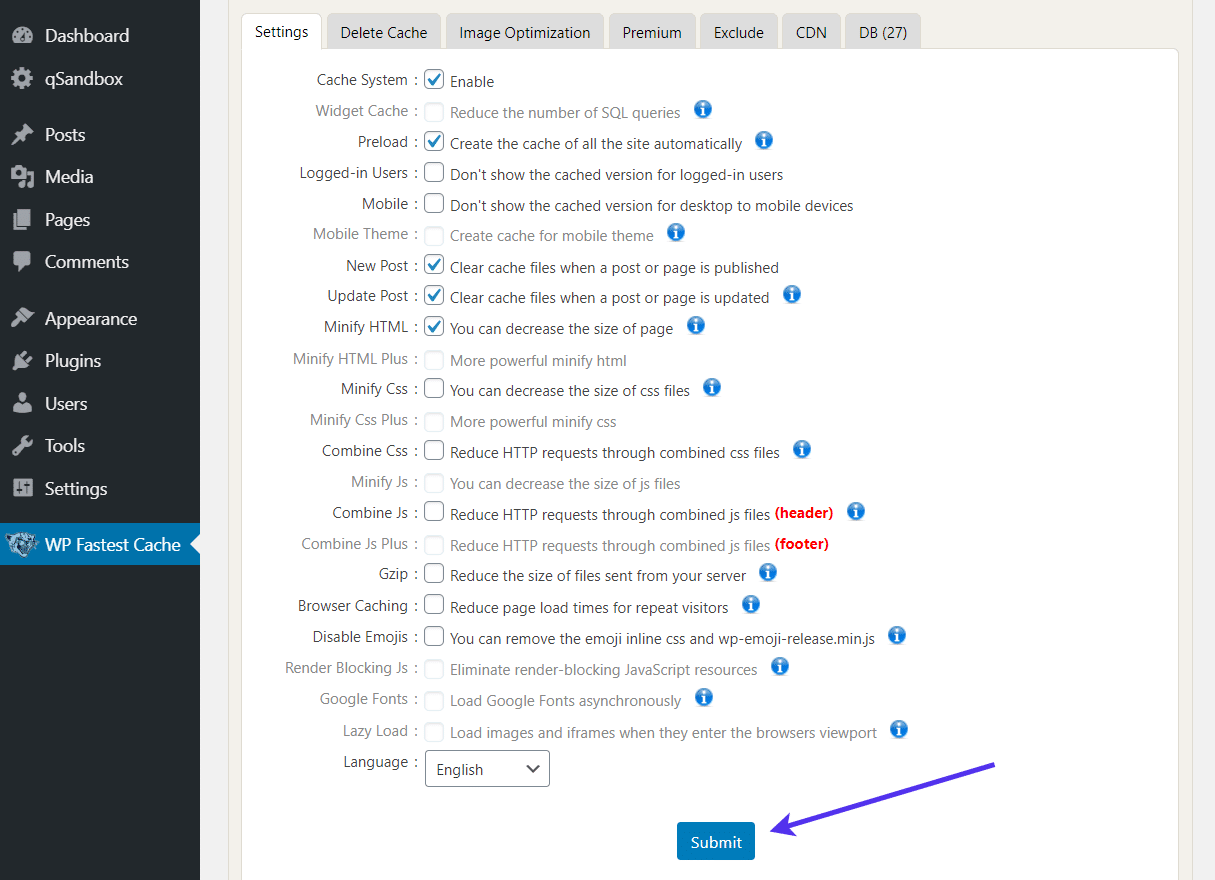 Clique no botão "Submit" em WP Fastest Cache Settings