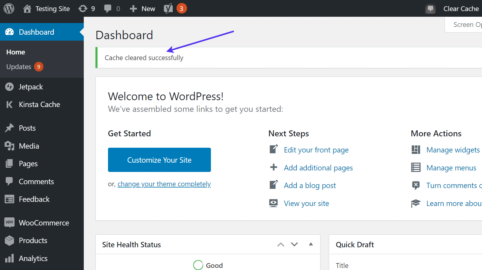 Message WordPress indiquant que le cache a bien été vidé