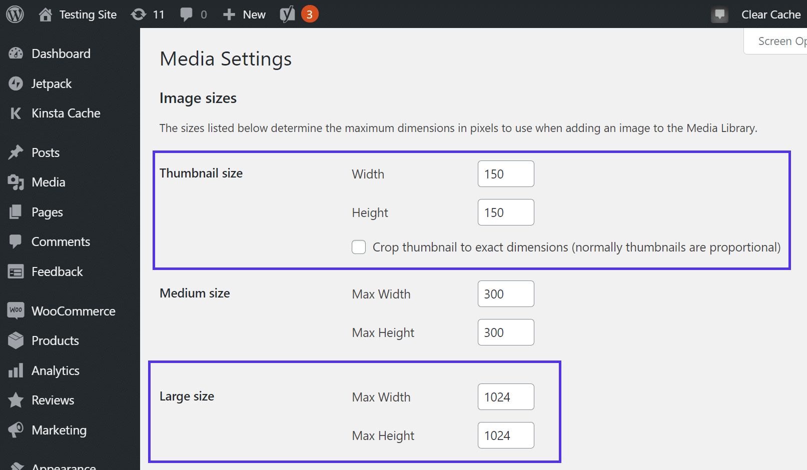 Einstellen der verschiedenen Mediengrößen