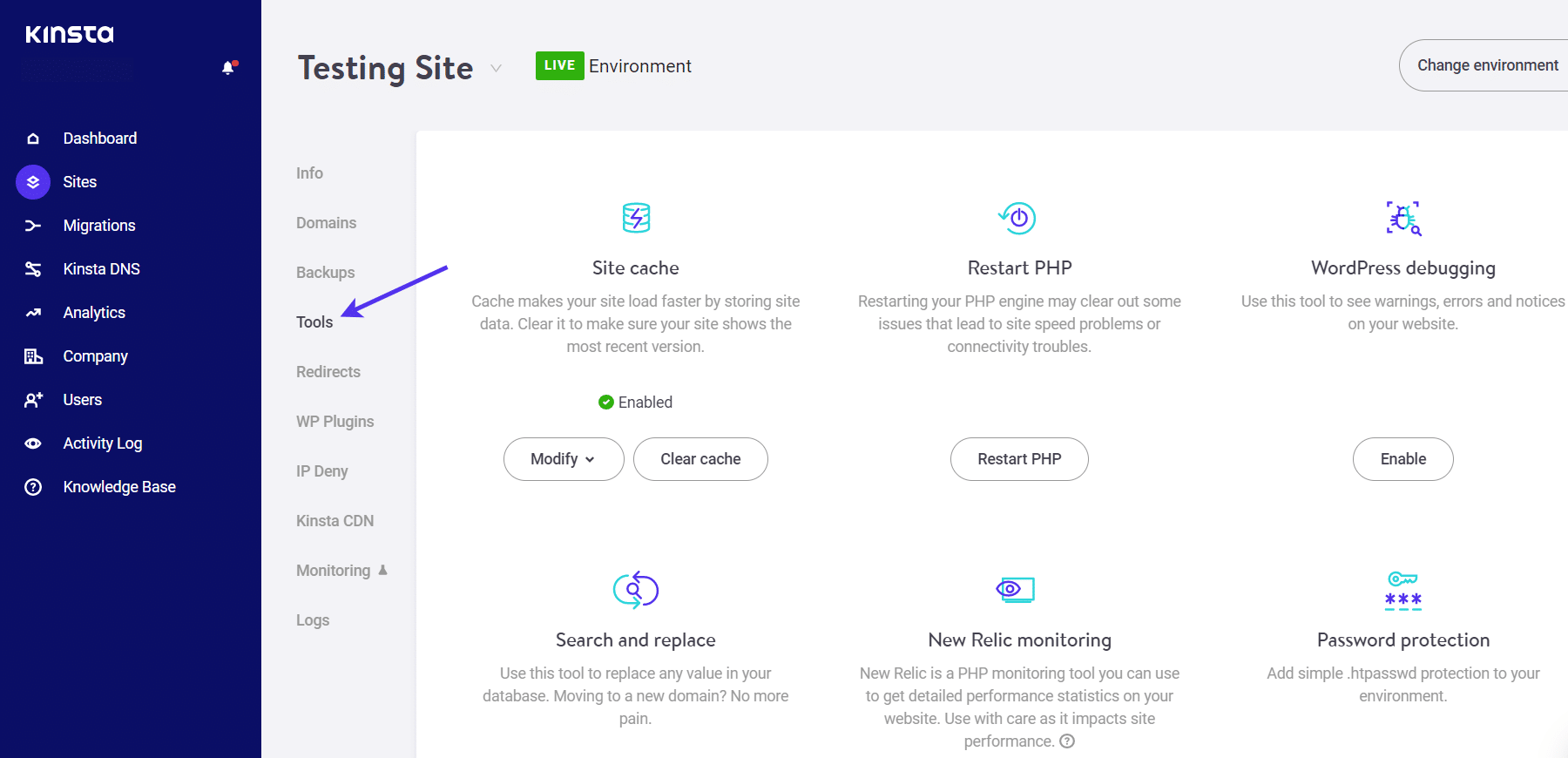 Tools panel in MyKinsta dashboard to clear WordPress cache 