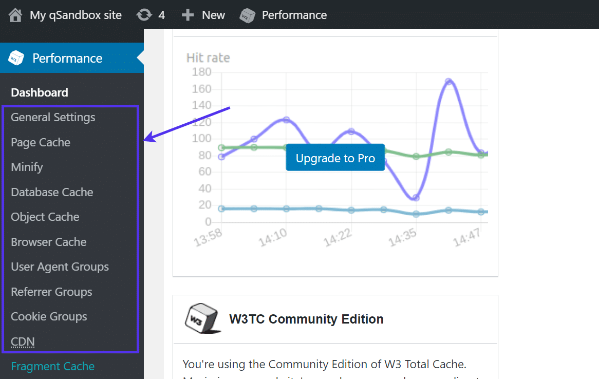 W3 Menu 'Desempenho' do Cache Total