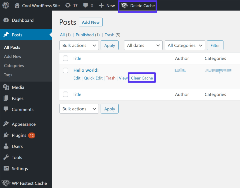 How to clear cache in WP Fastest Cache