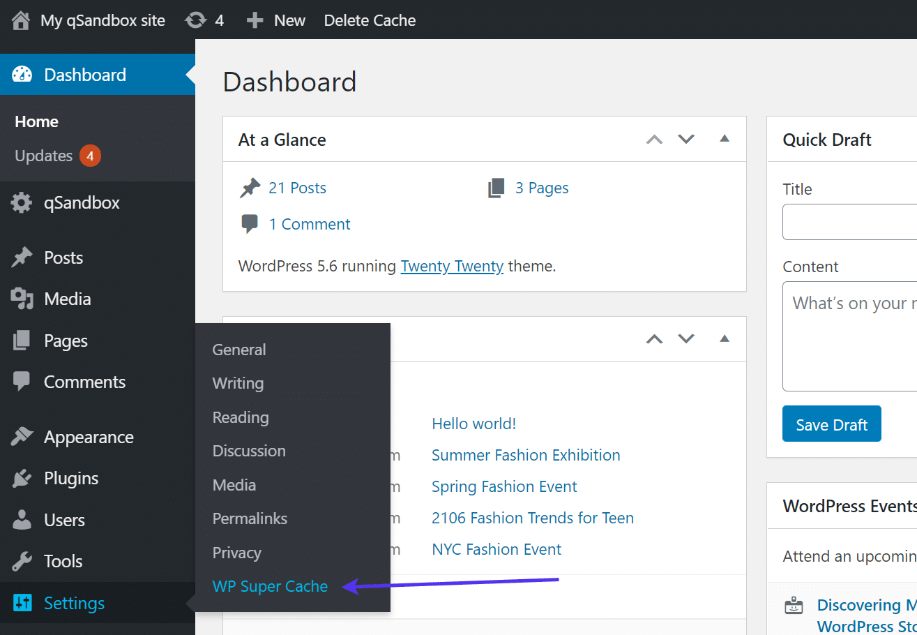 WP Super Cache under WordPress Settings menu