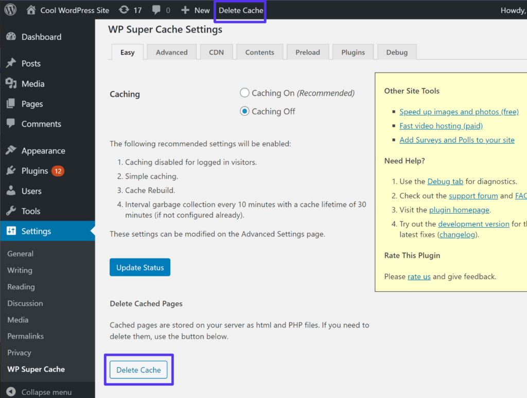 How to clear entire cache in WP Super Cache