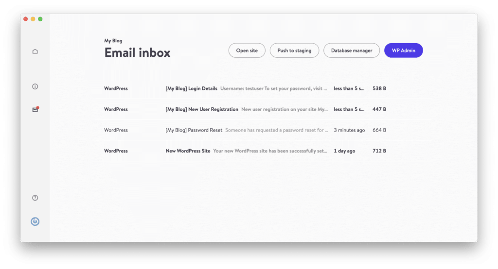 DevKinsta’s 'Email Inbox' is powered by MailHog