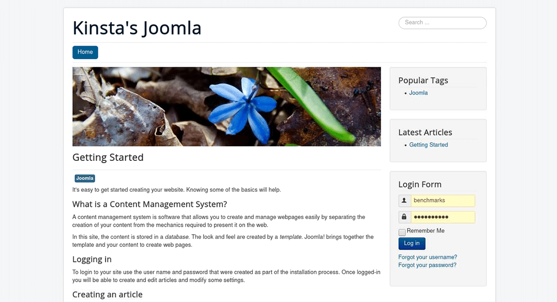 The tested Joomla homepage