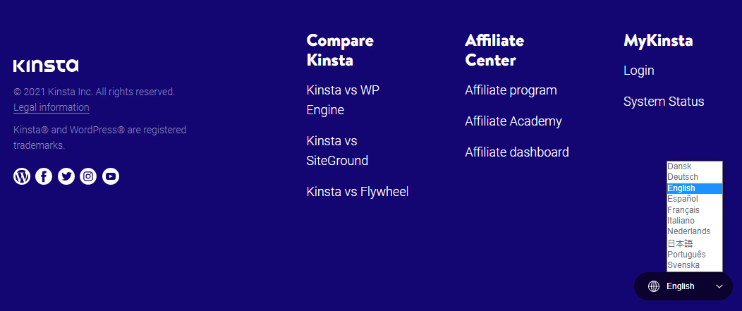 Kinsta erbjuder sin webbplats på många språk