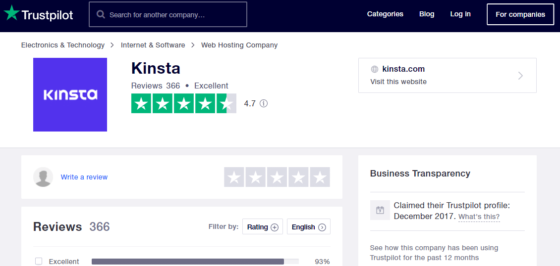 Kinsta's sida med Trustpilot-recensioner