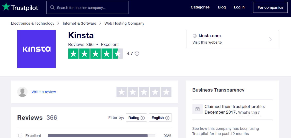 Página de opiniones de Kinsta en Trustpilot