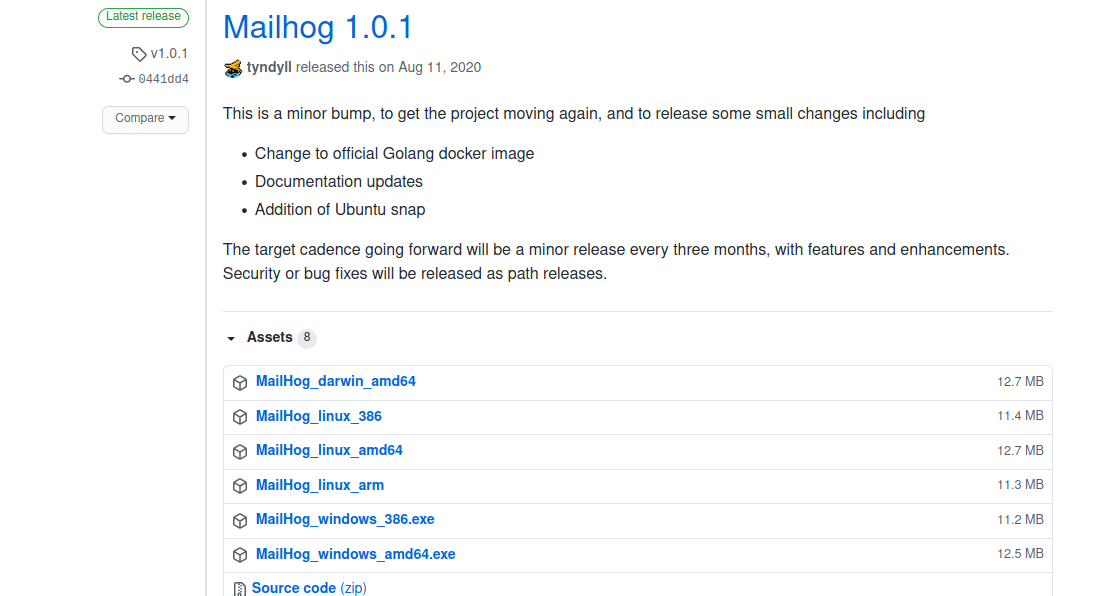 Pagina dei rilasci di MailHog su GitHub