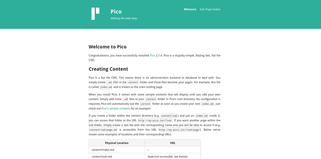 The tested Pico homepage