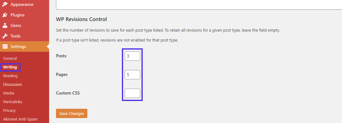 Impostazioni di controllo delle revisioni di WP