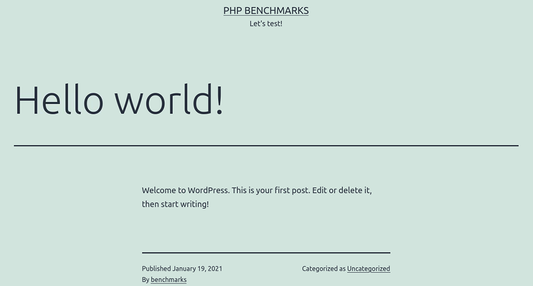 The tested WordPress ‘Hello world!’ blog page
