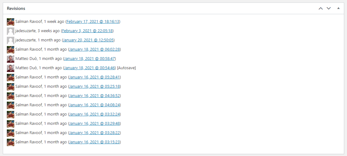 WordPress Revisions example