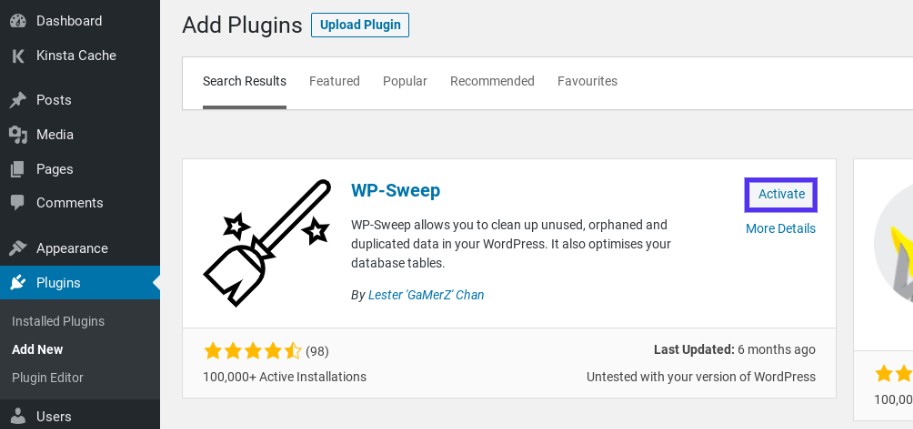 The option to activate the WP-Sweep WordPress plugin.