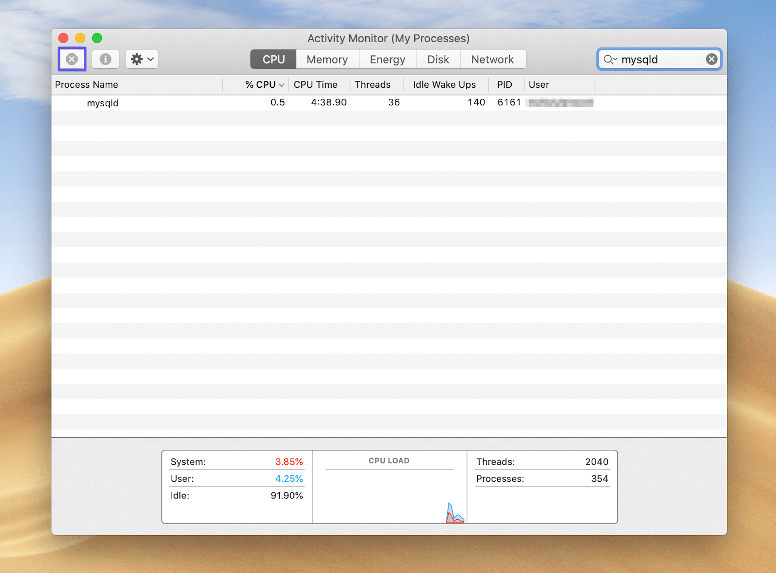 Matando processos MySQL ativos através do Monitor de Atividades.