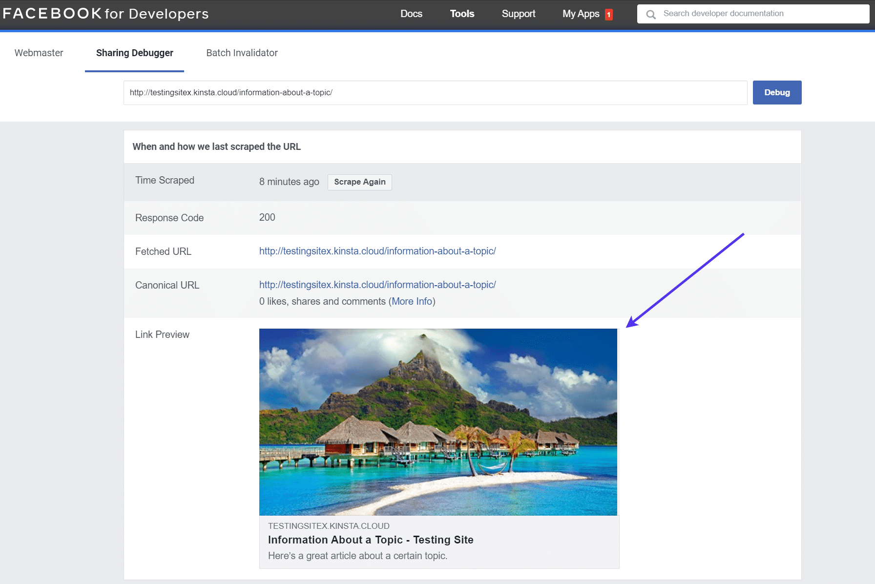 Verificando a 'Previsão de link' de uma URL no Facebook