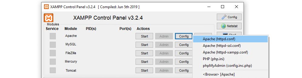 Accès au fichier de configuration d'Apache.