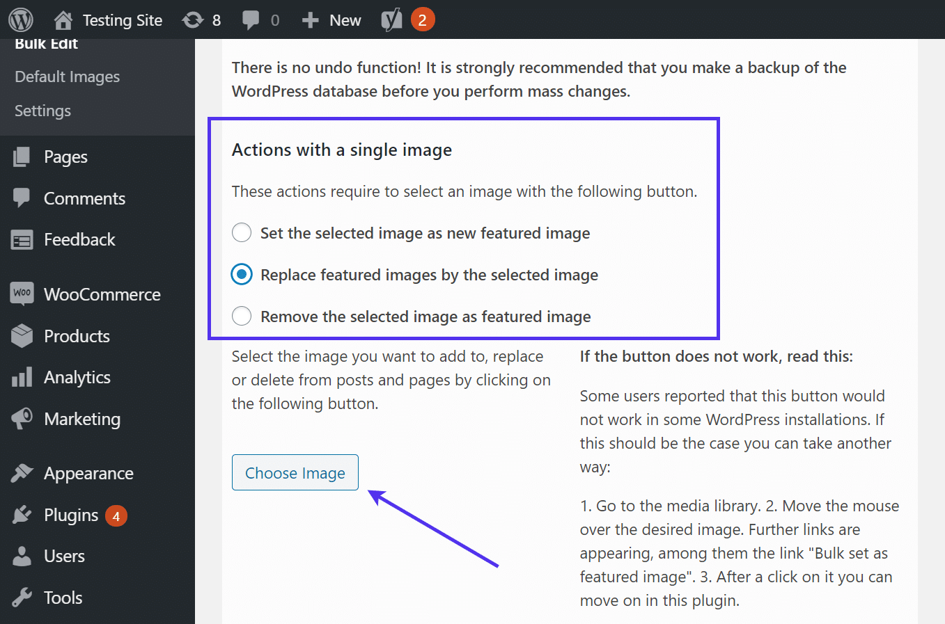 'Actions with a single image' setting