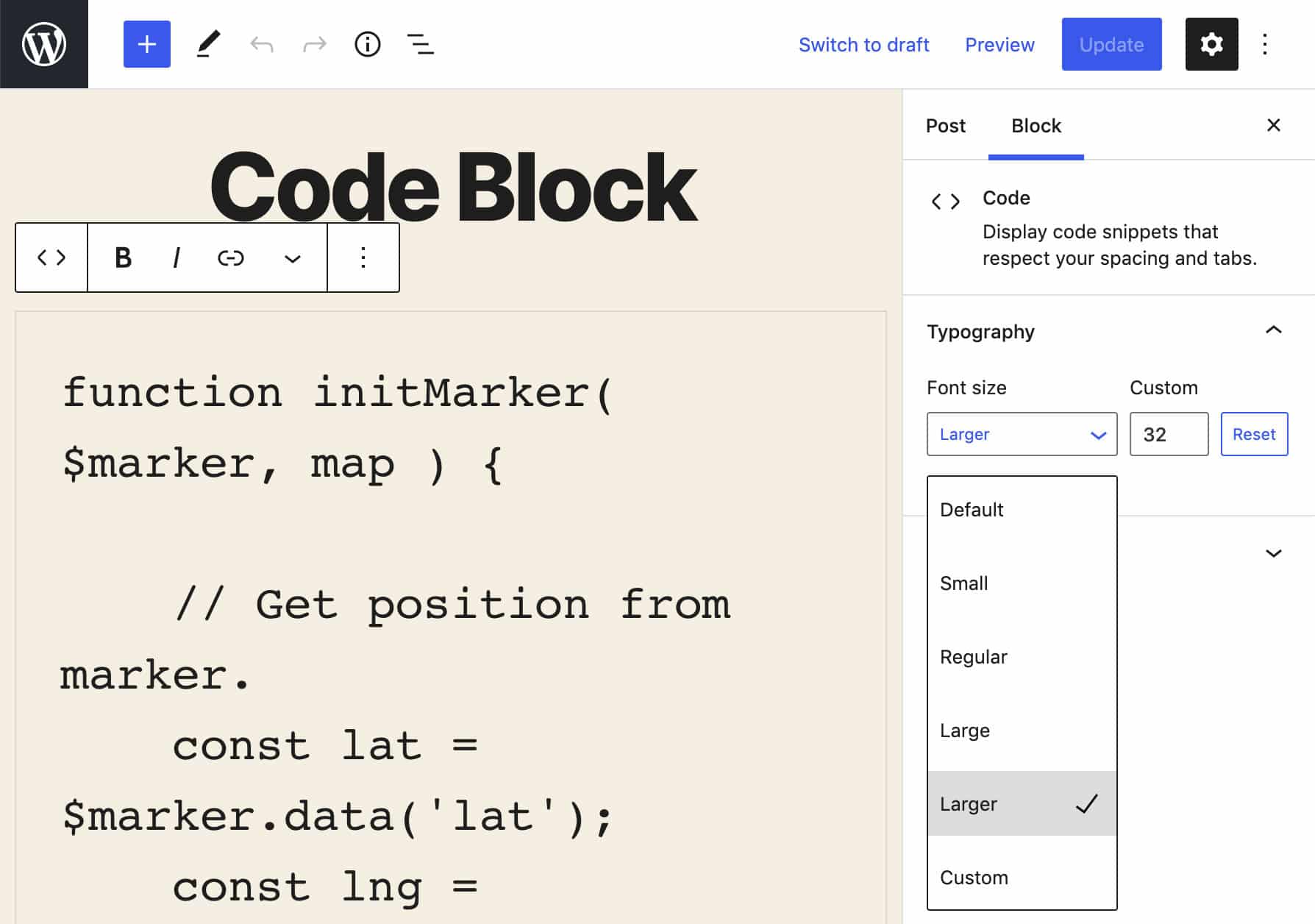 Dimensioni globali dei font disponibili in Twenty Twenty