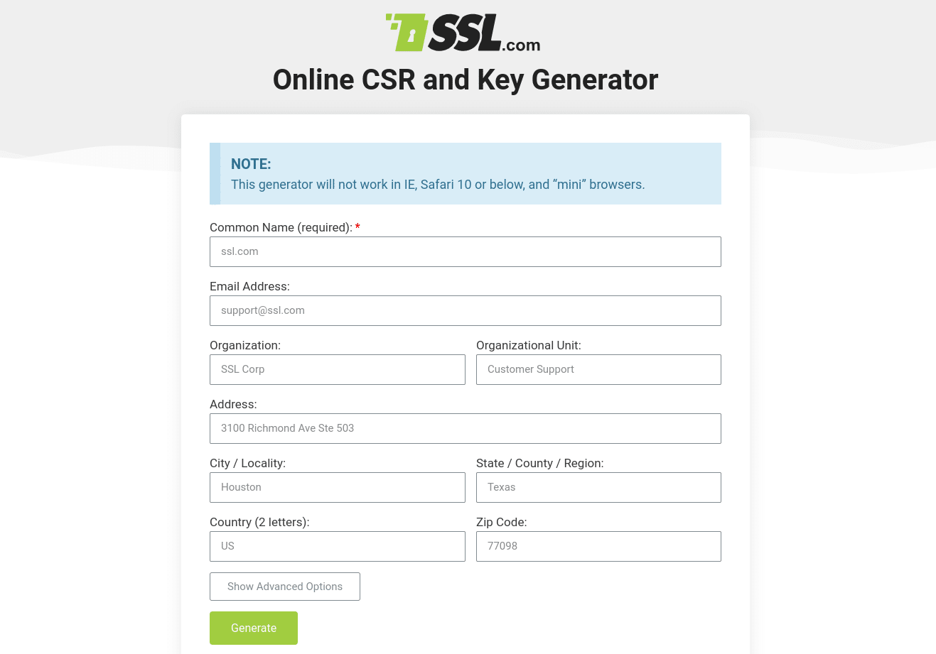 The Online CSR and Key Generator form.