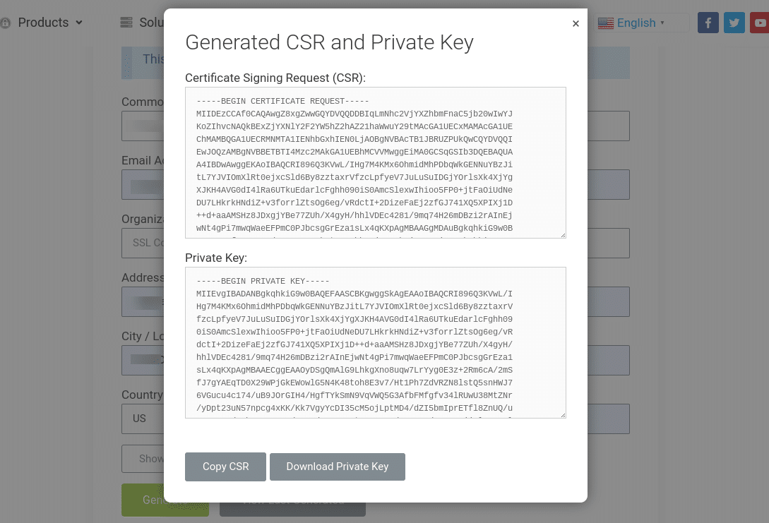 Uma CSR e uma chave privada gerada a partir do SSL.com.