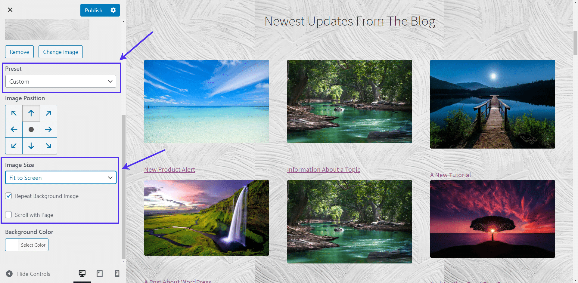 Presets and Image Sizes for background images