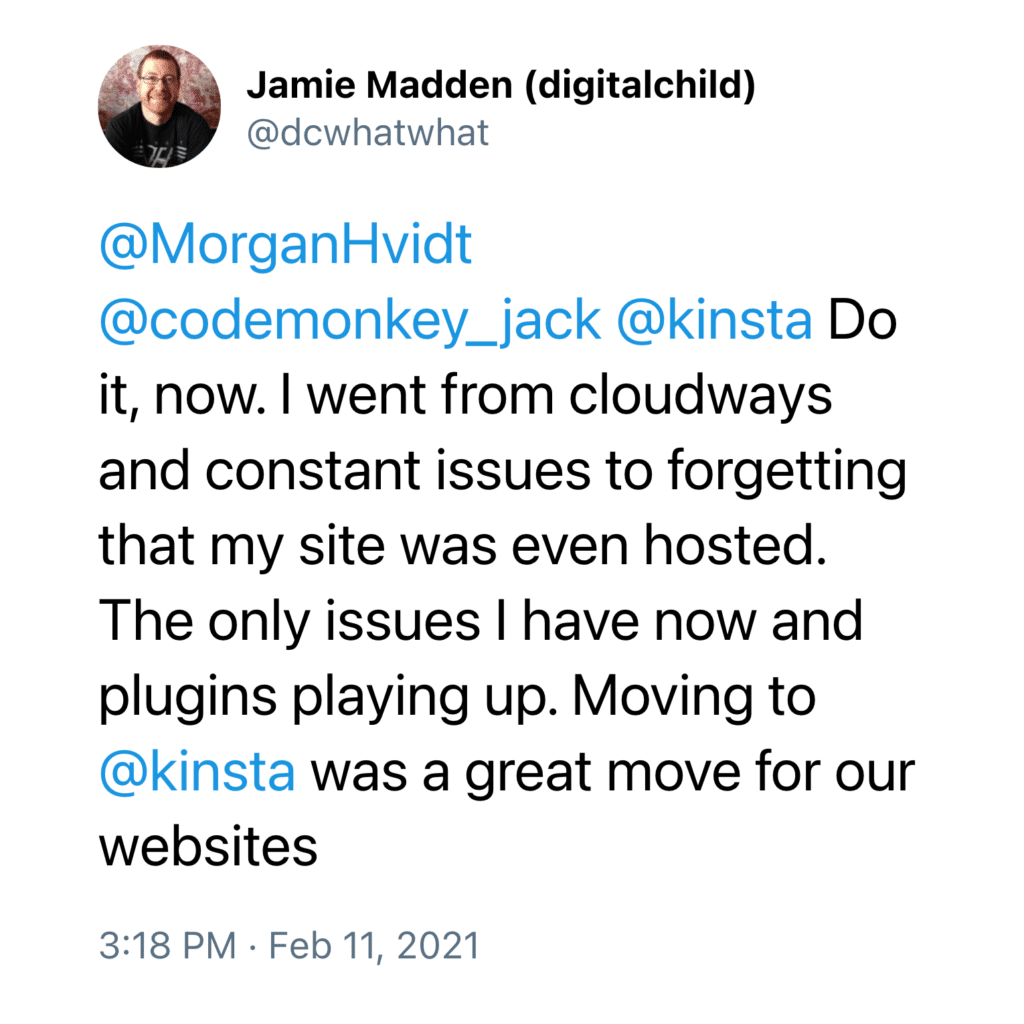 Genom att flytta till Kinsta blev den här kunden av med sina "ständiga problem" på Cloudways.